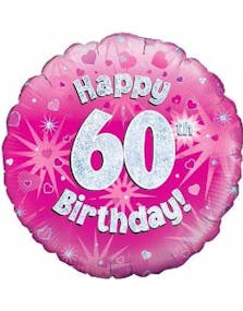 Happy 60th Birthday - Rosa Holografisk Folieballong 45 cm