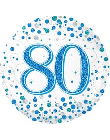 Happy 80th Birthday - Hvit og Blå Holografisk Folieballong 45 cm