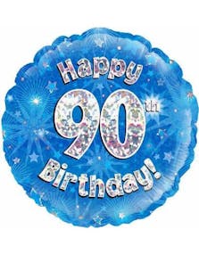 Happy 90th Birthday - Blå Holografisk Folieballong 45 cm