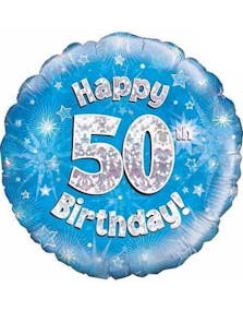 Happy 50th Birthday - Blå Holografisk Folieballong 45 cm