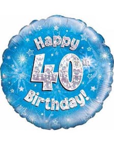 Happy 40th Birthday - Blå og Sølvfarget Holografisk Folieballong 45 cm