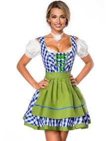 Rutig Blå och Vit Traditionell Oktoberfest Kostym med Gröna Partier