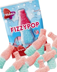 Pose med Malaco Fizzypop - Rosa og Blå Bubblegumflasker 85 gram