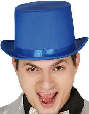 Blå Lux Top Hat i Satin Pyntet med Bånd - Cirkus Kostumer efter Tema - -