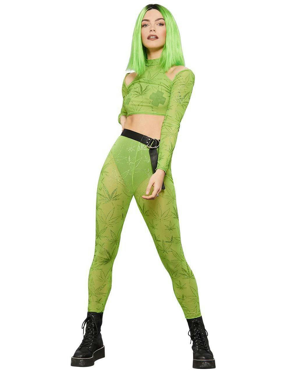 Gennemsigtige Crop og Leggings med Glitrende Cannabis Blade - Body- & Jumpsuit - Andre - Kostumer efter Tema - Kostumer - KARNEVAL