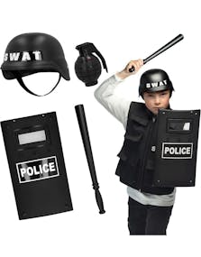 SWAT Police Kostymesett med Hjelm, Batong, Skjold og Granat med Lyd