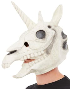 Heldekkende Skjelett-Enhjørning Luksus Latexmaske med Horn og Bevegelig Munn