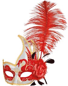 RØD Venetiansk Colombina Maske - Delvis Gjennomsiktig med Rød/Gullfarget Dekor og Pynt