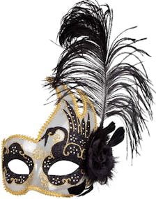SVART Venetiansk Colombina Maske - Delvis Gjennomsiktig med Svart/Gullfarget Dekor og Pynt