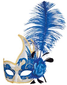 BLÅ Venetiansk Colombina Maske - Delvis Gjennomsiktig med Blå/Gullfarget Dekor og Pynt