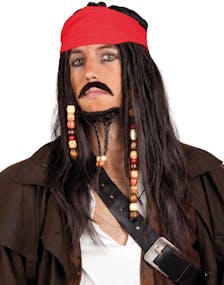 Piratset med peruk, bandana, mustasch och skägg