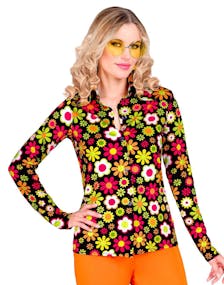 60's Mørk Blomstrete Hippie Kostymeskjorte til Dame
