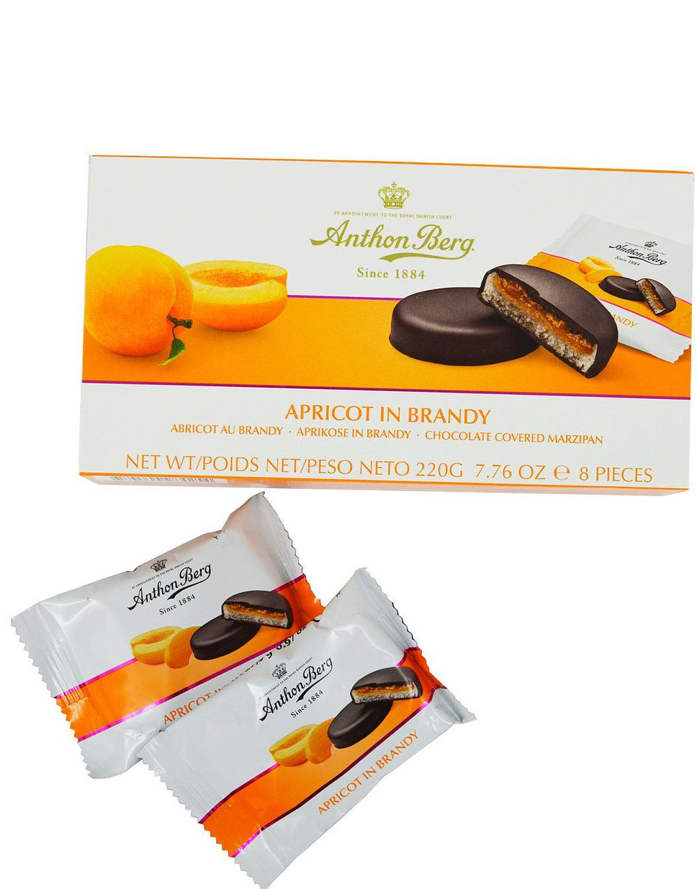 Anthon Berg Apricot in Brandy - Chokoladeovertrukket Marcipan og Abrikos 220 gram - Praliner/Konfekt - Slik og Chokolade